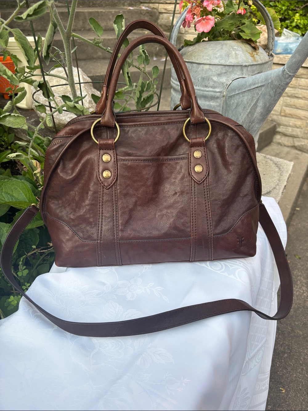 Frye Dark Brown Leather bag, purse with Brass Accents, Lucy domed satchel